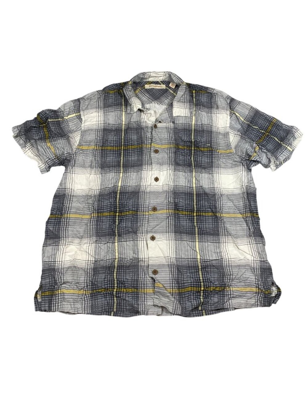 Tommy Bahama Mens XL Plaid Short Sleeve Button-Up Shirt 100% Silk Black Blue